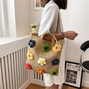 Плетеная сумка-тоут из цветочной соломы, сумки для женщин, сумка через плечо большой емкости, многоразовая эко-сумка для покупок, модные сумки для студенческих книг