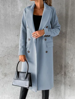 Женские классические модные пальто свободного кроя, Femme 2023, Однотонное зимнее пальто из шерсти и смесей с длинным рукавом и пуговицами