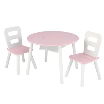 Деревянный детский круглый стол для хранения и набор из 2 стульев, розовый и белый