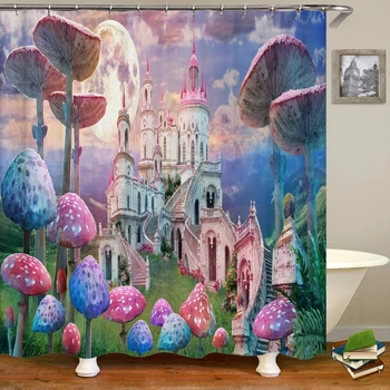 Занавеска для душа Fantasy Forest из полиэстеровой ткани, Сказочный замок с розовым грибом, Полнолуние, Занавески для ванной, наборы декора для домашней ванной комнаты