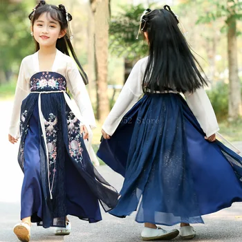 Древнекитайский костюм, Детское шифоновое платье с вышивкой феи Феникс, детский костюм для народных китайских танцев для девочек