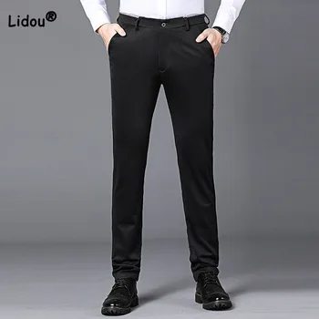 Классические универсальные однотонные брюки с эластичной резинкой на талии для мужчин, летние новые деловые повседневные узкие брюки-карандаш, модная мужская одежда