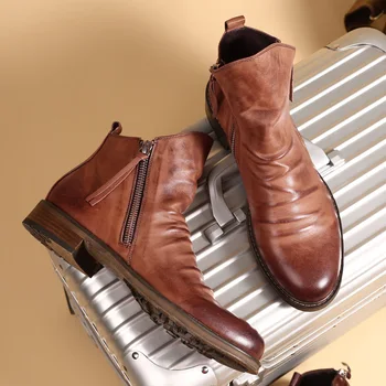 2024 Мужские ботинки, удобные ботильоны в стиле ретро, Нескользящая кожаная мужская обувь, Ковбойские сапоги, Мужская обувь, Кроссовки