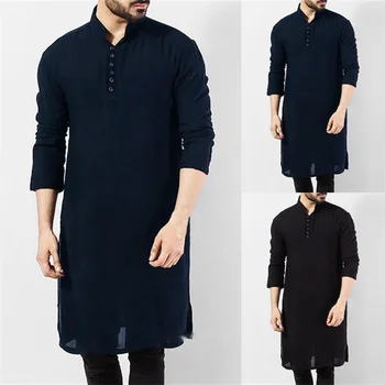 Pakaian Islami untuk Mode Muslim Jubah Panjang Pria Lengan Panjang Arab Sederhana Kasual Kemeja Pria