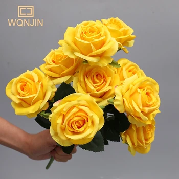 WQNJIN Красно-Желтый Имитационный Букет Роз Свадебные Цветы 10 Головок Поддельные Розы Искусственный Цветок Шелковые Цветы Украшение Дома