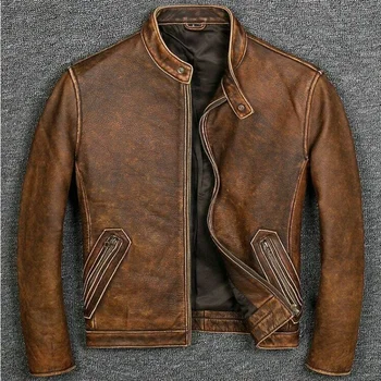 Мужская винтажная мотоциклетная куртка Cafe Racer Biker коричневого цвета из потертой натуральной кожи