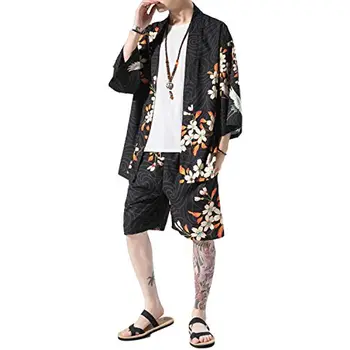 Мужские кимоно в японском стиле, Топы, комплекты брюк, Легкий повседневный кардиган с семью рукавами и открытой передней частью и шорты 5XL