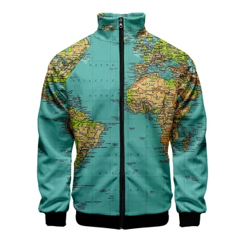 Карта мира, 3D принт, Мужские куртки, Кардиган в стиле Харадзюку, бейсбольная куртка на молнии со стоячим воротником, Верхняя одежда, Повседневная спортивная одежда