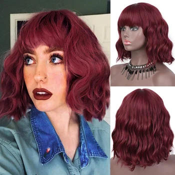 MONIXI Синтетический винно-красный парик-боб с челкой, короткие волнистые парики для женщин, использованные для молочных вечеринок и косплея Волосы из термостойкого волокна