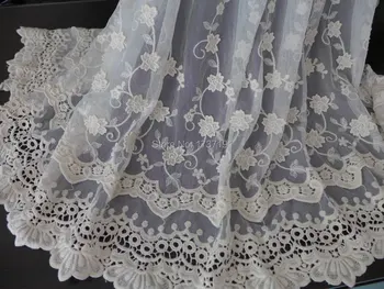 Бежевая кружевная ткань, Кружево с вышивкой двойными цветами, Мягкая хлопчатобумажная тюлевая ткань, Поставка ткани для свадебных штор