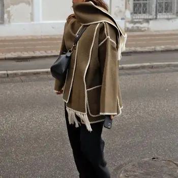 Женское классическое шерстяное пальто с шарфом, куртка, свободное теплое модное пальто