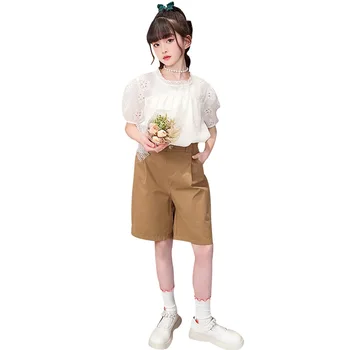 Детская Одежда, Летний Кружевной топ с вышивкой и рукавами-пузырями + Хлопковые шорты, Костюм для девочек, Корейская детская одежда, комплекты для девочек-подростков