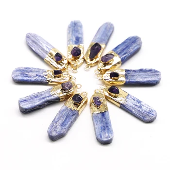 Натуральный синий кианит, необработанный камень, Подвеска с Аметистом, Позолоченное Ожерелье с мозаикой из кристаллов, Подвески, ювелирные аксессуары Оптом 6 шт.