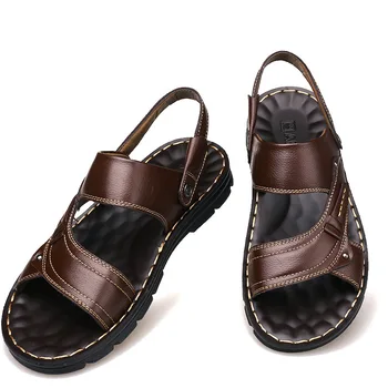 Мужские Летние новые кожаные сандалии, мужская повседневная пляжная обувь, нескользящие тапочки, две сандалии, мужские сандалии, кожаные мужские сандалии