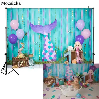 Mocsicka Подводная Русалка, Фон для портрета ребенка на 1-й день рождения, фотография, Вечеринка по случаю дня рождения, Разбитый торт, Фон для фото с воздушным шаром