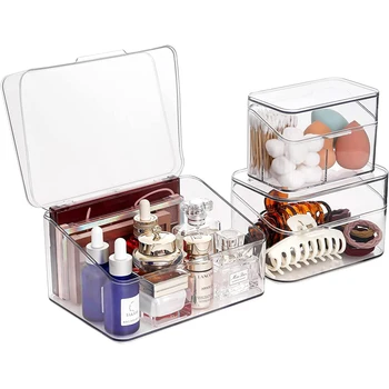 Коробка для хранения в ванной, прозрачный настольный органайзер для макияжа с крышкой, предотвращающий попадание пыли, подходит для косметики, туалетных принадлежностей, гигиенических изделий