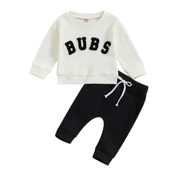 Комплекты брюк из 2 предметов для маленьких мальчиков, топы с длинными рукавами и буквенной вышивкой, комплекты брюк на завязках